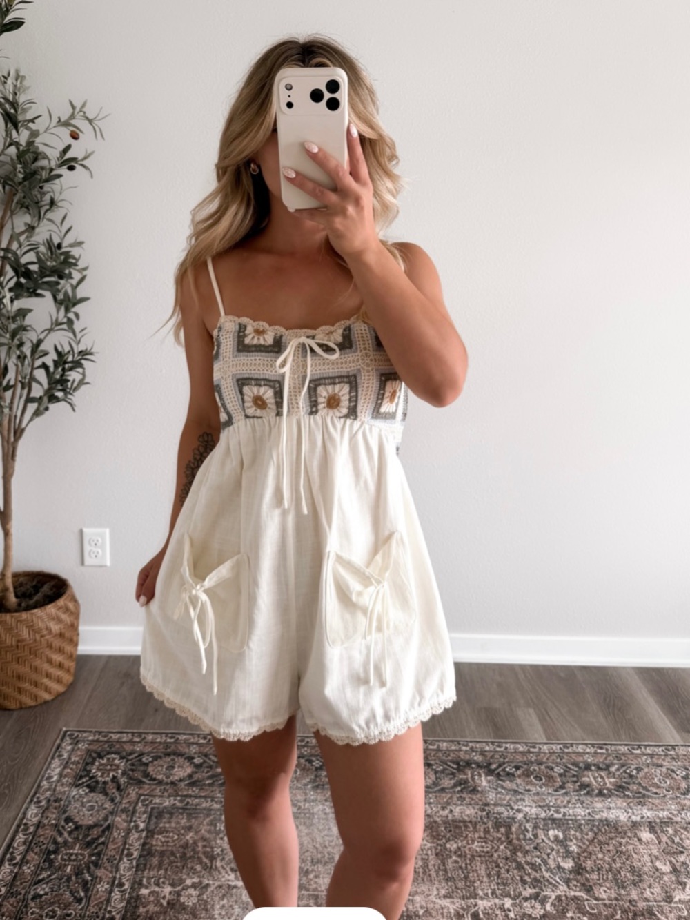 Bailey rose Crocheted Bodice Cream Romper